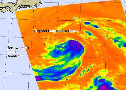 Infrared NASA imagery shows some strength in Tropical Depression Sepat