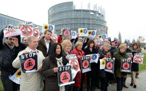 Members of the European Parliament hold banners reading, &quot;Stop fracking,&quot; November 21, 2012