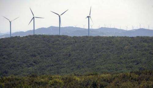 Wind turbines in Alaiz, Navarra province, on July 8, 2013