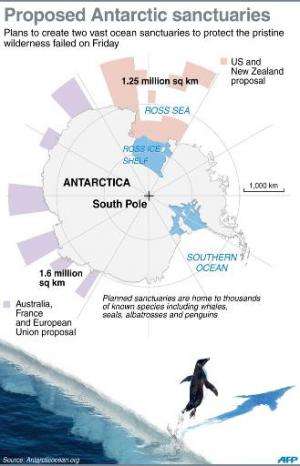 Graphic showing two proposed ocean sanctuaries off Antarctica to protect the pristine wilderness which failed Friday for a third