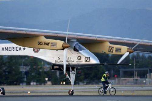 The Solar Impulse solar electric airplane takes off at Moffett Field on May 3, 2013 in Mountain View, California