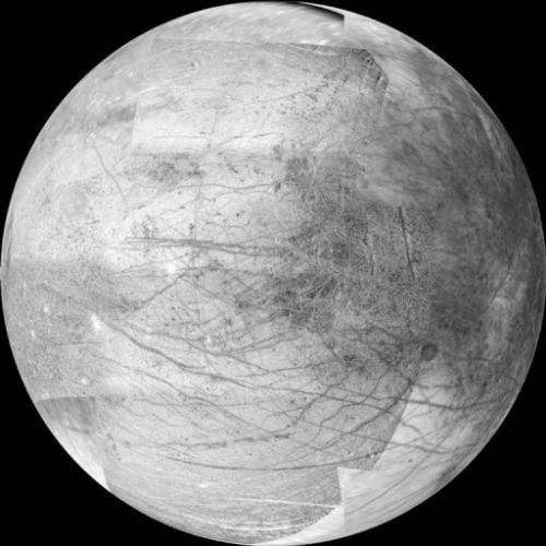 A 12-frame mosaic released by NASA 06 March 2000 provides a view of the side of Jupiter's moon Europa