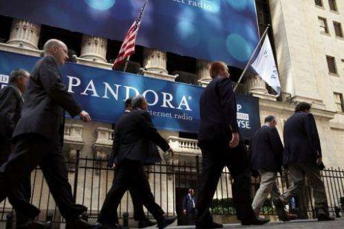 A banner for Pandora Media Inc., the online-radio company, hangs in front of the New York Stock Exchange