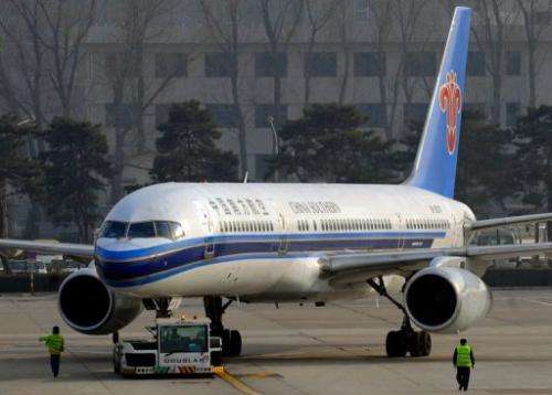 A China Southern Airlines airplane prepares to take off at Beijing's Capital Airport on March 10, 2008