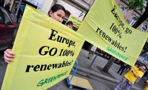 Activists and environmentalists protest for renewable energy in front of the hotel in Budapest on May 2, 2011