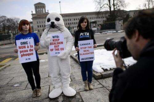 Activists stage a demonstration against seal hunting in front of WTO headquarters on February 18, 2013 in Geneva