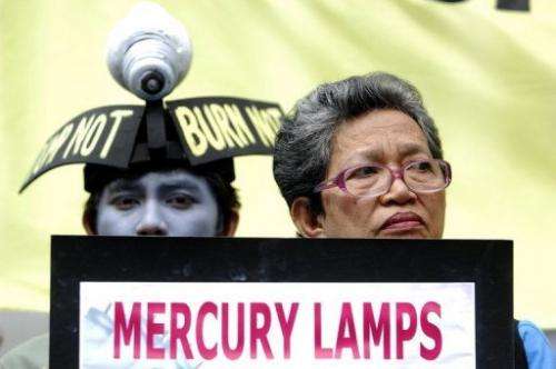 Activists wear mock lamps in Manila on October 22, 2009 to alert people to the dangers of dumping mercury lamp waste