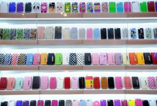 A display of mobile phone covers are seen at the Consumer Electronics Show on January 9, 2013 in Las Vegas, Nevada
