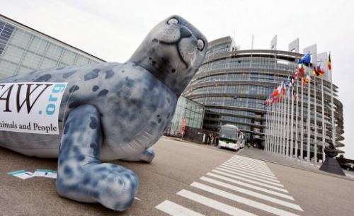 A giant seal set by the International Fund for Animal Welfare in front of the European Parliament, May 5, 2009
