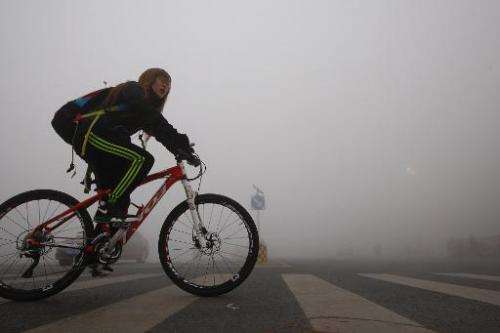 A girl cycles on a street under heavy smog in Harbin, China's Heilongjiang province, on October 21, 2013