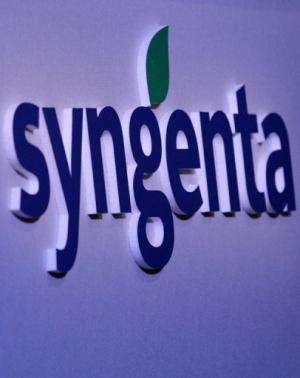 A logo of Swiss agrochemicals group Syngenta is pictured during a press conference in London on February 7, 2008