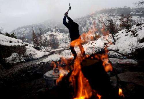 A man chops wood to make a fire in the mountains of the eastern Turkish city of Tunceli, on January 30, 2010