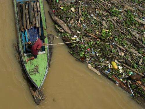 A man collects waste logs from the Mahakam river in Samarinda, East Kalimantan, on November 10, 2013