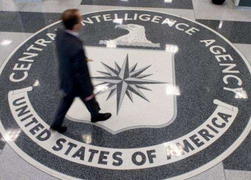 A man crosses the Central Intelligence Agency headquarters lobby in Langley, Virginia, on August 14, 2008