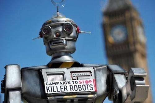 A mock &quot;killer robot&quot; pictured in London on April 23, 2013 during the launch of the Campaign to Stop &quot;Killer Robo
