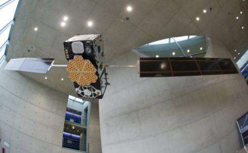 A model of the Galileo satellite hangs at the German Aerospace Center in Oberpfaffenhofen, on October 20, 2011