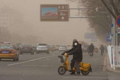 A motorist wearing a face mask waits to cross a road in heavily polluted Beijing on February 28, 2013