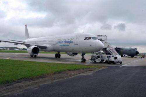 An Airbus A321 aircraft using Biojet A-1 Total/Amyris is parked on the tarmac at Le Bourget airport, June 20, 2013