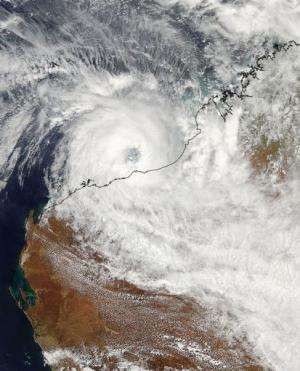 A NASA satellite image of cyclone Rusty closing in on the northwestern coast of Western Australia, February 26, 2013