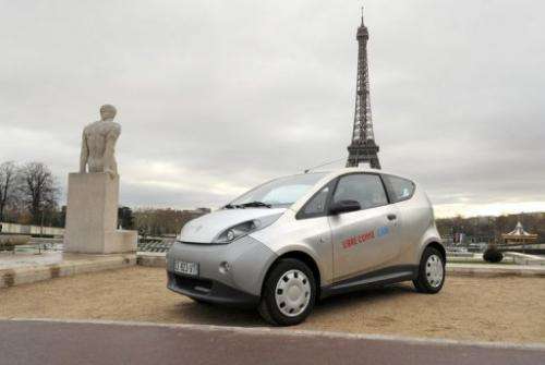 An electric Autolib' bluecar is presented during a press conference in Paris on November 29, 2012