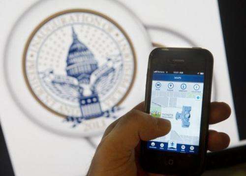 An iPhone app displays information about the 2nd inauguration of Barack Obama in Washington, DC, on January 14, 2013