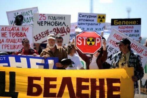 Anti-nuclear protesters at  the construction site of Bulgaria's second nuclear plant, near Belene on April 25, 2011
