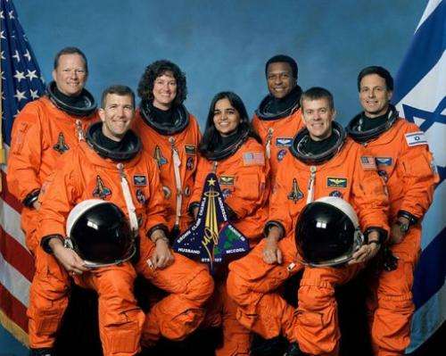 An undated NASA image, obtained August 26, 2003, shows the crew of the US space shuttle Columbia