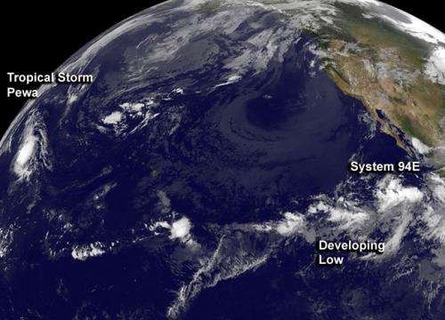 A Pacific-wide satellite view catches Tropical Storm Pewa and a developing storm