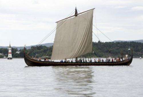 A replica of a Viking ship sails near Oslo on June 17, 2006