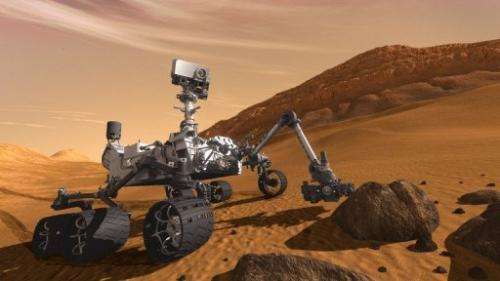 Artist concept painting shows NASA's Mars Science Laboratory Curiosity rover on the surface of the planet, July, 2011