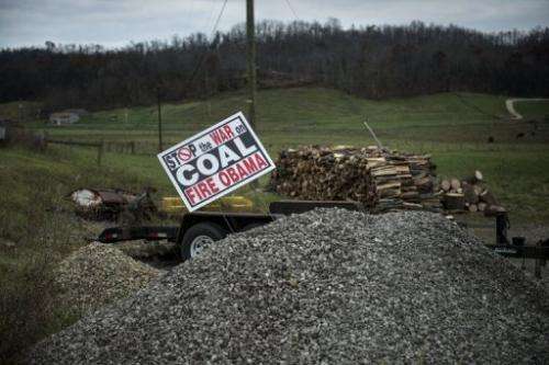 A sign against Barack Obama's alleged position against the coal mining industry on November 5, 2012 in Quaker City, Ohio