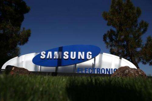 A sign is posted in front of a Samsung Electronics office on July 30, 2012 in San Jose, California