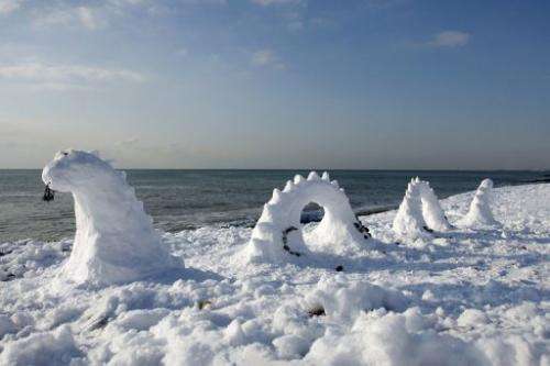 A snow sculpture of the Loch Ness monster on Brighton beach in England on December 18, 2009