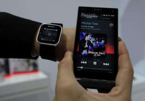 A Sony smartwatch, conected to a mobile phone, is seen at the Mobile World Congress in Barcelona, on February 28, 2012