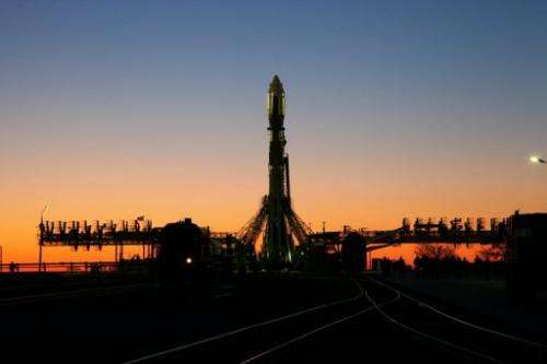 A Soyuz-2.1b rocket, carrying an Bion-M capsule is seen on the launch pad a Russia's Baikonur cosmodrome, April 18, 2013