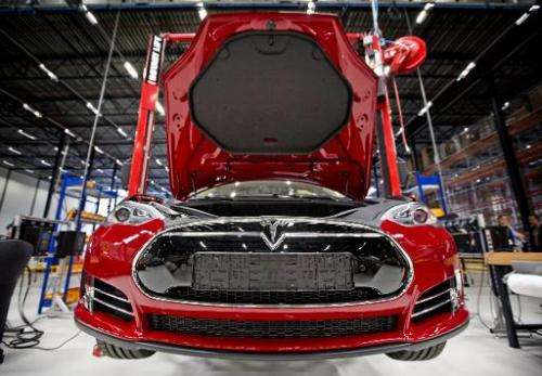 A Tesla car on an assembly line at the factory in Tilburg, the Netherlands, on August 22, 2013