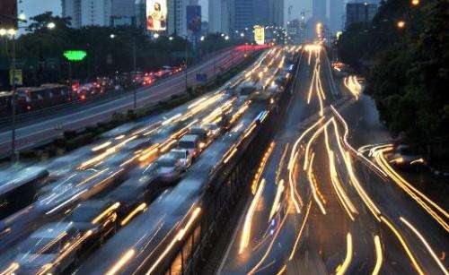 A timed-shutter exposure of evening gridlock traffic in Jakarta, pictured on October 22, 2013