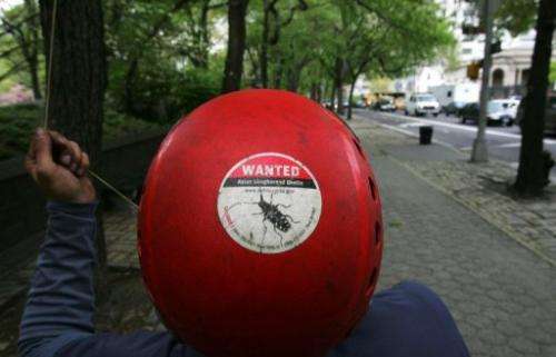 A US Dept of Agriculture employee, wears a &quot;Wanted: Asian Longhorned Beetle&quot; sticker on May 2, 2005 in New York City
