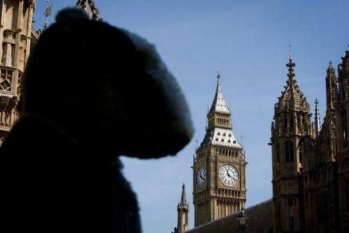 A woman in badger costume looks toward the Houses of Parliament, on June 5, 2013, during a protest against the plan