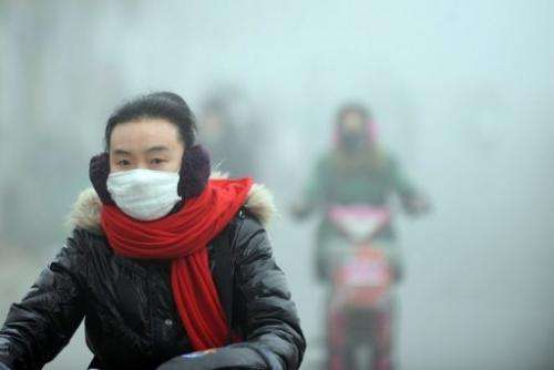 A woman rides a bike in heavy smog in Haozhou, central China's Anhui province on January 30, 2013