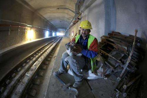 A worker holds a cat in the Marmaray Tunnel under the Bosphorus on April 18, 2013, in Istanbul