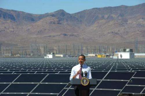 Barack Obama speaks during a visit to the Copper Mountain Solar Project in Boulder City, Nevada, on March 21, 2012