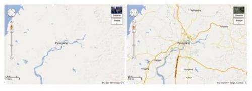 Before (L) and after  (R) images of North Korea on Google Maps, January 29, 2013