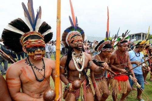 Brazilian natives demonstrate in front of the National Congress in Brasilia on October 3, 2013