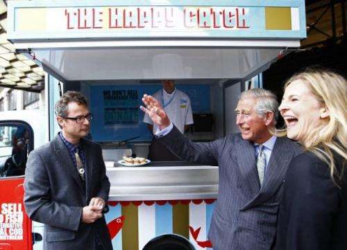 Chef Hugh Fearnley-Whittingstall (left) and Britain's Prince Charles in London on May 11, 2011