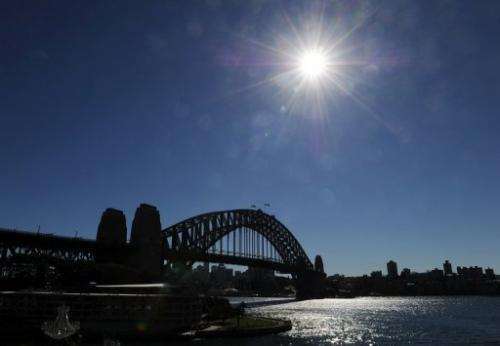 Cloudless blue skies are seen above the Sydney Harbour Bridge, on May 22, 2012