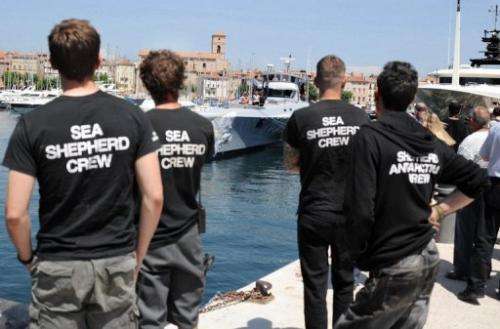 Crew of the Sea Shepherd Conservation Society, look at the Brigitte Bardot ship, on May 25, 2011 in La Ciotat, France.