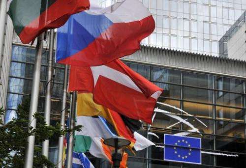 EU member states' flags fly in front of the European Parliament in Brussels on July 19, 2012
