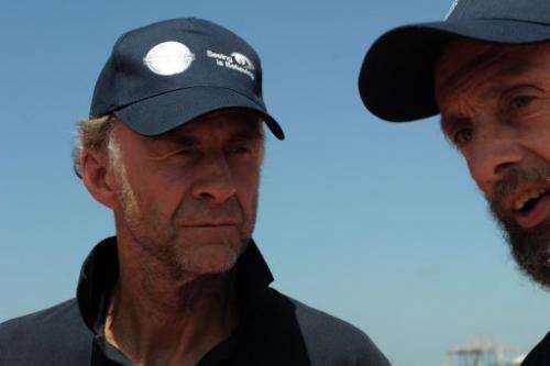 Explorers Ranulph Fiennes (left) and Anton Bowring talk to journalists on January 6, 2013 in Cape Town