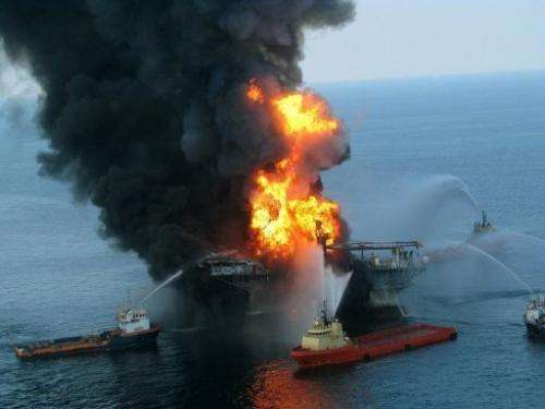 Fire boat response crews fight the blaze on the Deepwater Horizon oild rig in the Gulf of Mexico on April 21, 2010